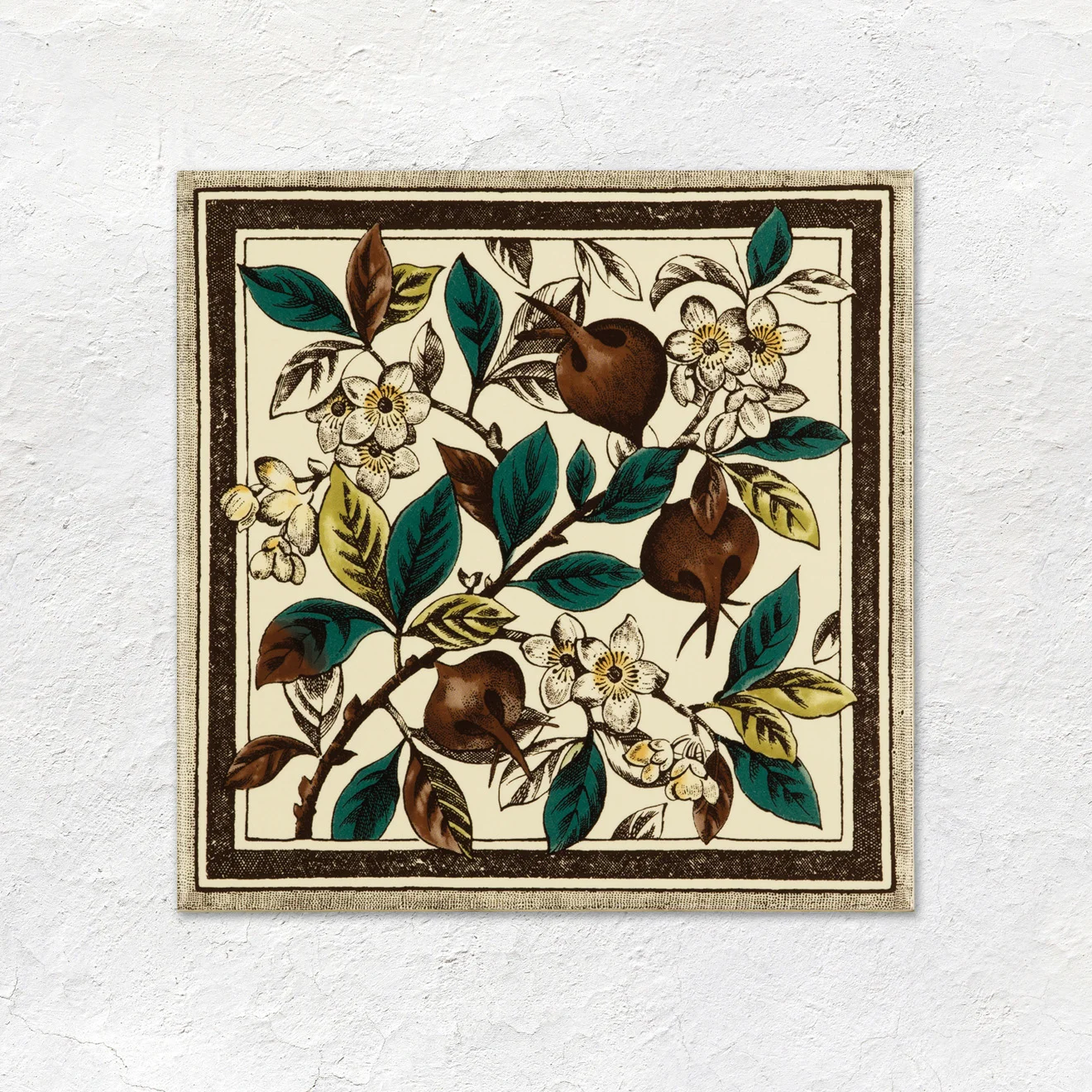 County White Half Tile (above) Teapot Brown Victoria Dado, Teapot Brown Omega Dado and Apple Blossom (middle) Teapot Brown Field Tile (below)