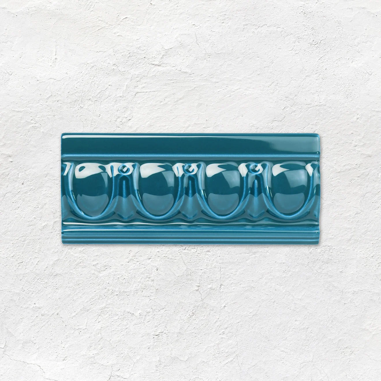 Baroque Blue Egg & Dart Dado and Baroque blue Astragal Dado (above) Baroque Blue Half Tile (below)