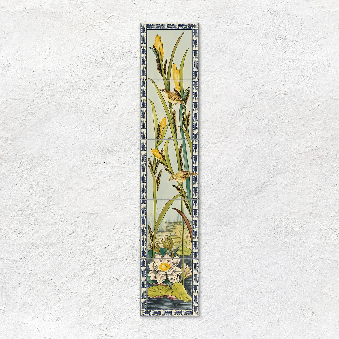 County White Field Tile, Birds and & Rushes and Birds & Butterfly (above) Ivory Sigma Dado and Birds & Butterflies Border Tile (middle) County White Half Tile (below)