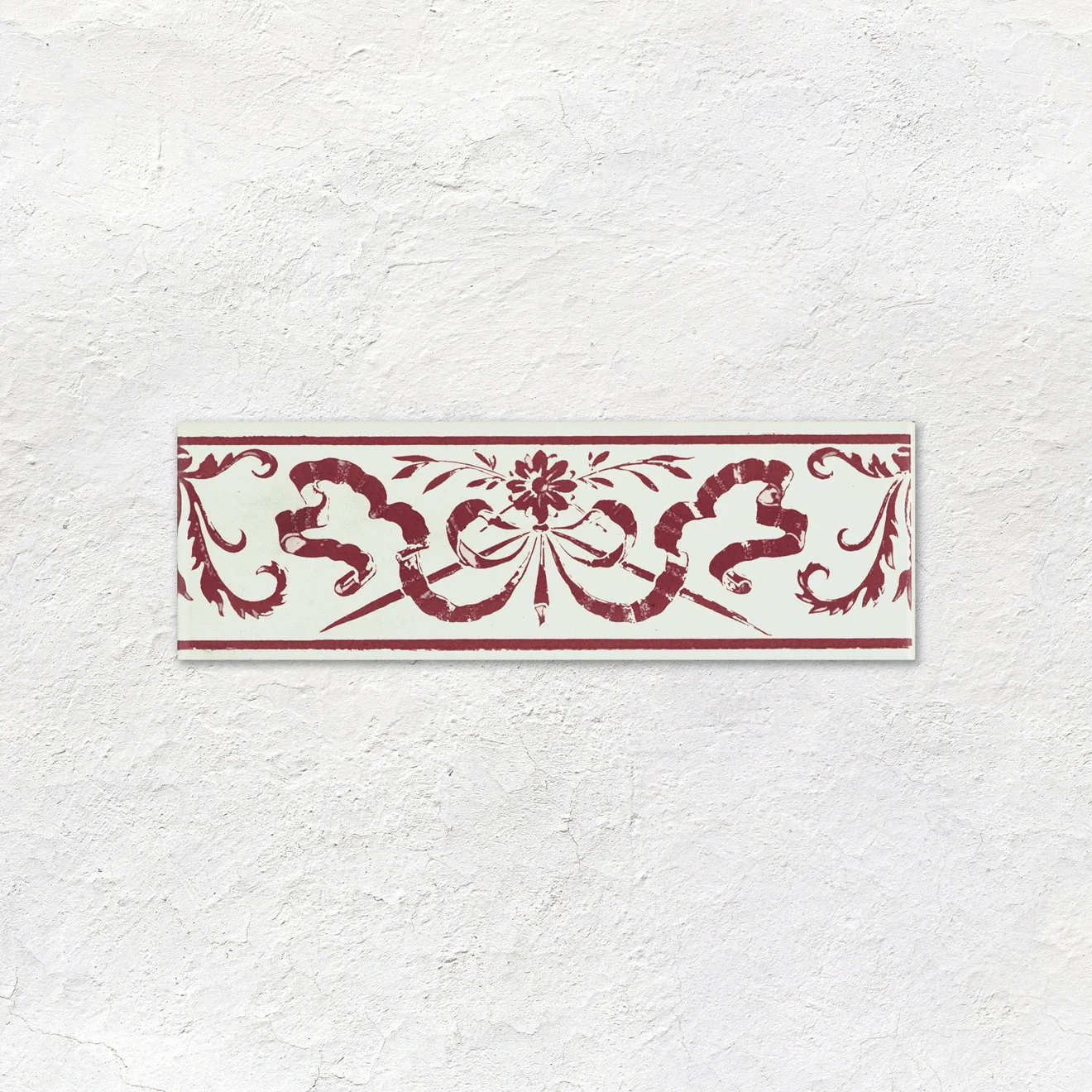 Brilliant White Field Tile (above) Burgundy Albert Dado, Burgundy Love Knot On Brilliant White and Burgundy Astragal Dado (middle) Brilliant White Field Tile (below)