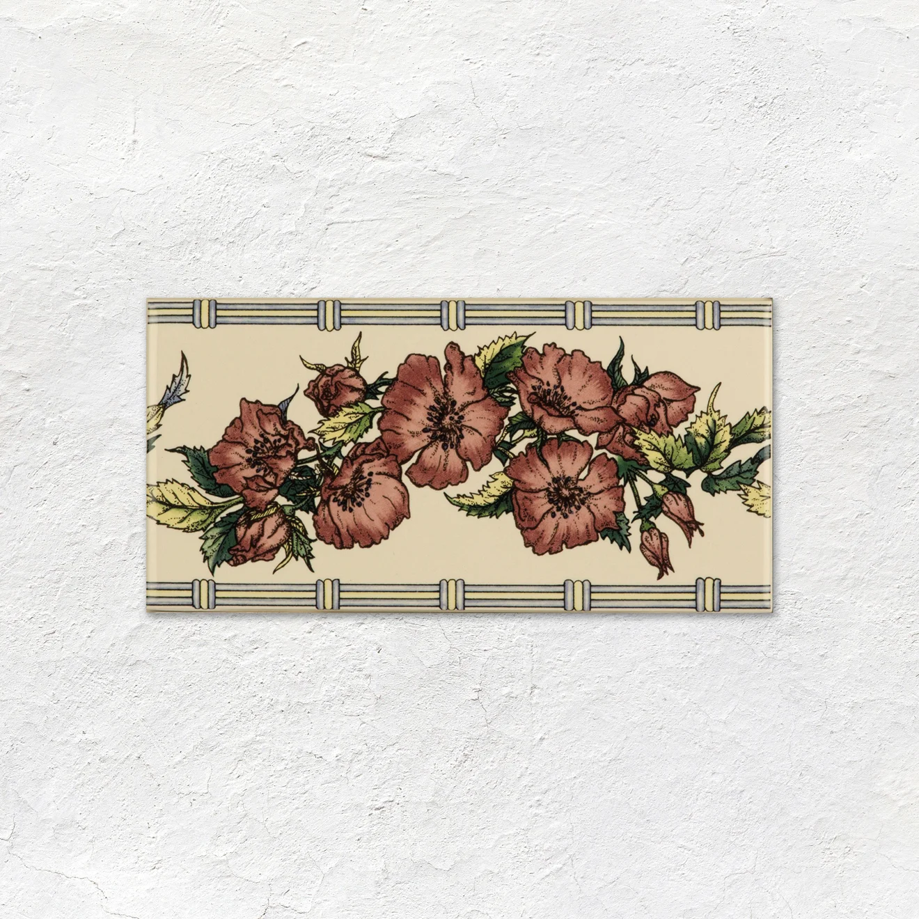 County White Half Tile (above) County White Astragal Dado, Corded Poppies and County White Omega Dado (middle) County White Half Tile (below)