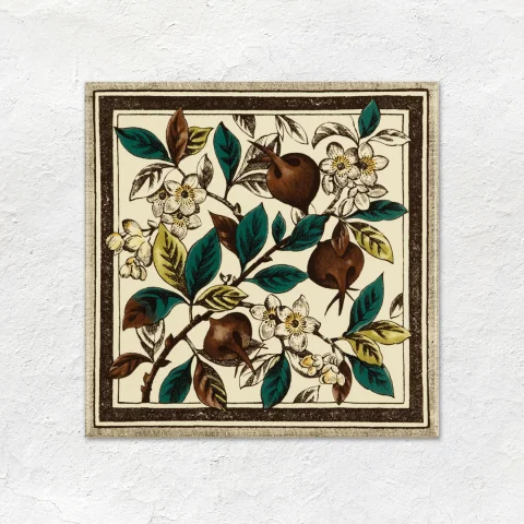 County White Half Tile (above) Teapot Brown Victoria Dado, Teapot Brown Omega Dado and Apple Blossom (middle) Teapot Brown Field Tile (below)