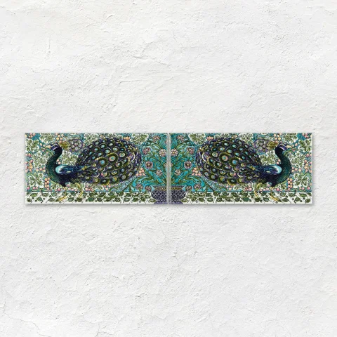 Royal Blue Astragal Dado, Royal Blue Albert Dado and De Morgan: Peacock Border Pair (above) Royal Blue Field Tile (below)