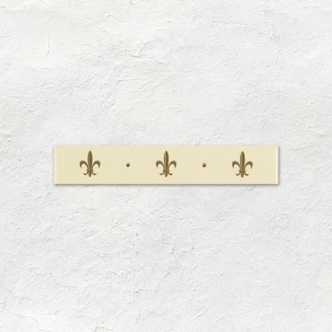 Colonial White Field Tile (above) Colonial White Omega Dado and Gold Fleur De Lis set/2 On Colonial White (middle) Gold Fleur De Lis On 6x1 Colonial White (below)