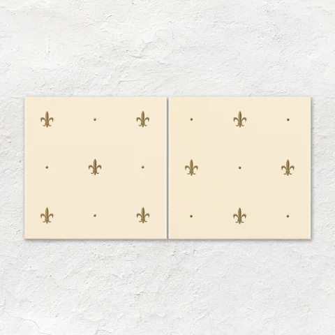 Colonial White Field Tile (above) Colonial White Omega Dado and Gold Fleur De Lis set/2 On Colonial White (middle) Gold Fleur De Lis On 6x1 Colonial White (below)