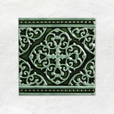 Jade Breeze Half Tile (above) Jade Breeze Hogarth Dado, Grosvenor Jade Breeze on Victorian Green and Jade Breeze Sigma  Dado (middle) Victorian Green Half Tile (below)