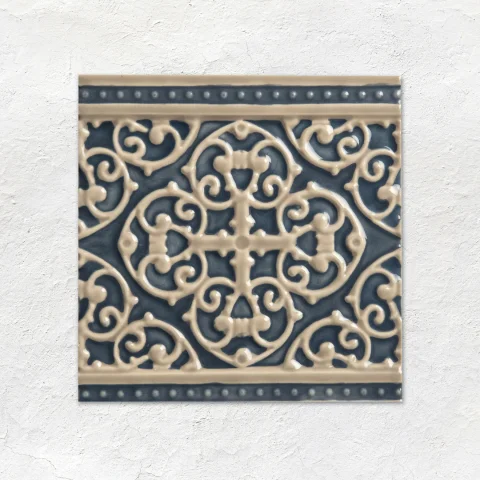 Palladian Beige half Tile (above) Ascot Blue Hogarth Dado, Ascot Blue Astragal Dado and Grosvenor Palladian Beige on ascot Blue (middle) Ascot Blue Field Tile (below)