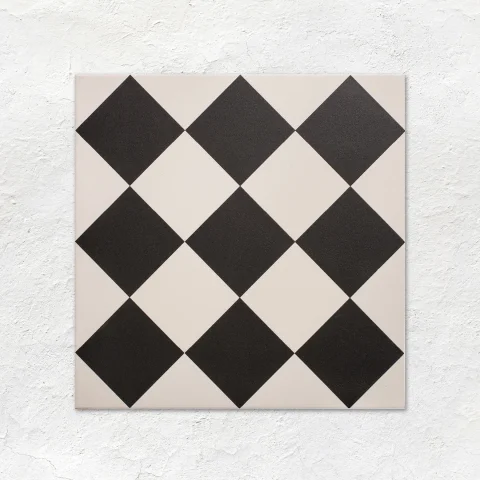 Brilliant White Field Tile (above) Jet Black Skirting (below) and Harlequin Large Black on Chalk (floor)