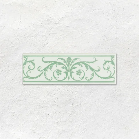 Jade Breeze Acanthus on Brilliant White and Jade Breeze Omega Dado (above) Jade Breeze Field Tile (below)