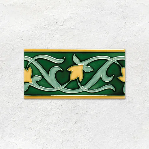 Victorian Green Half Tile (above) Victorian Green Victoria Dado, Lafleur on Victorian Green, Victorian Green Sigma  Dado and Lafleur Border on Victorian Green (middle) Victorian Green Field Tile (below)