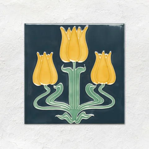Ascot Blue Albert Dado, Lafleur Border on Ascot Blue, Lafleur on Ascot Blue and Ascot Blue Astragal Dado (above) Ascot Blue Half Tile (below)