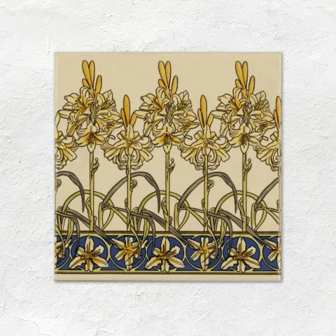 County White Field Tile (above) County White Astragal Dado, Mucha Orchid Quarter Tile, Mucha Orchid and County White Omega Dado (middle) County White Field Tile (below)