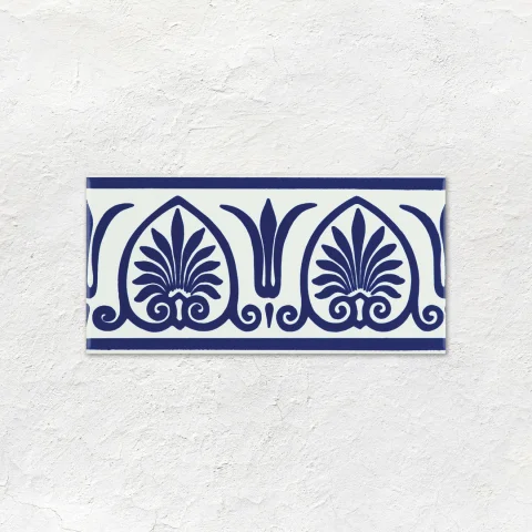 Brilliant White Field Tile (above) Royal Blue Dentil Dado, Brilliant White Omega Dado and Royal Blue Parthenon on Brilliant White (middle) Royal Blue Field Tile (below) 