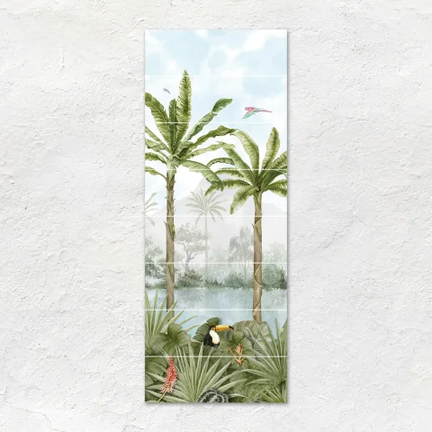 Estuary Arcadian Rail Moulding & Estuary Arcadian Field Tile (right) Tropical Oasis (left) Mesola Chevron Ecru (floor)