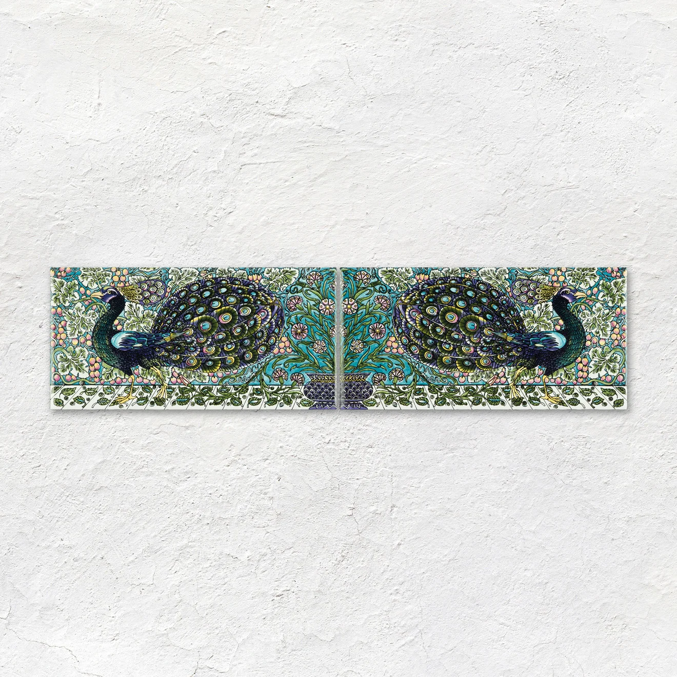 Royal Blue Astragal Dado, Royal Blue Albert Dado and De Morgan: Peacock Border Pair (above) Royal Blue Field Tile (below)