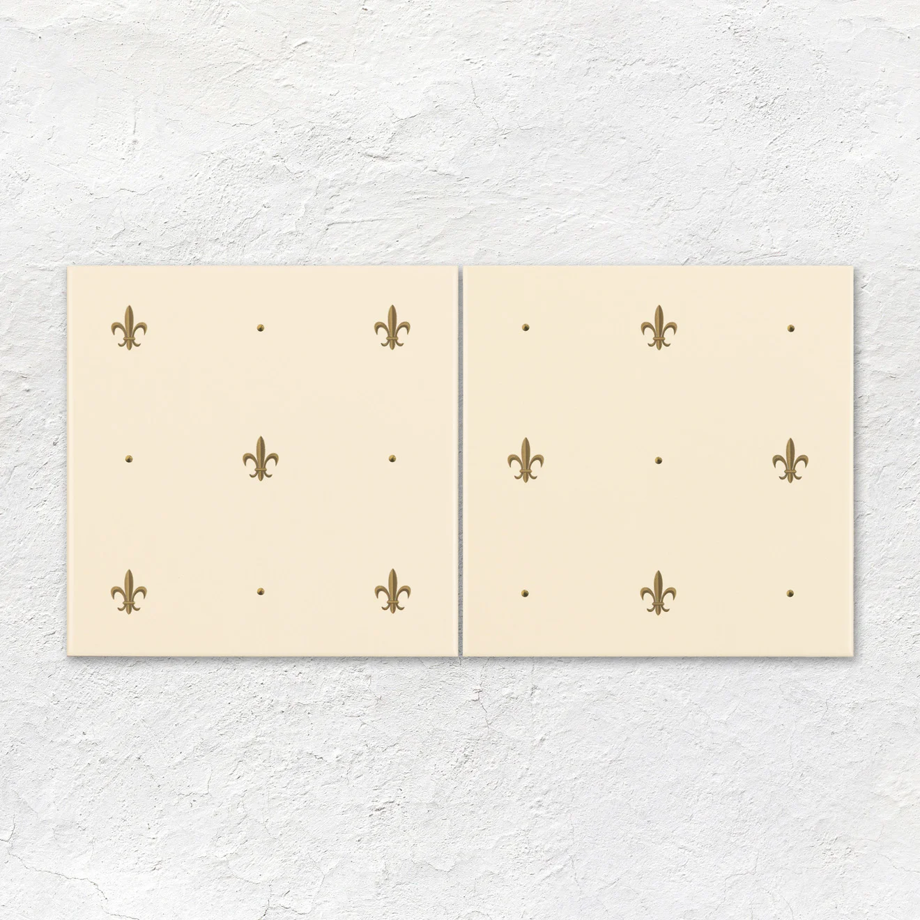 Colonial White Field Tile (above) Colonial White Omega Dado and Gold Fleur De Lis set/2 On Colonial White (middle) Gold Fleur De Lis On 6x1 Colonial White (below)