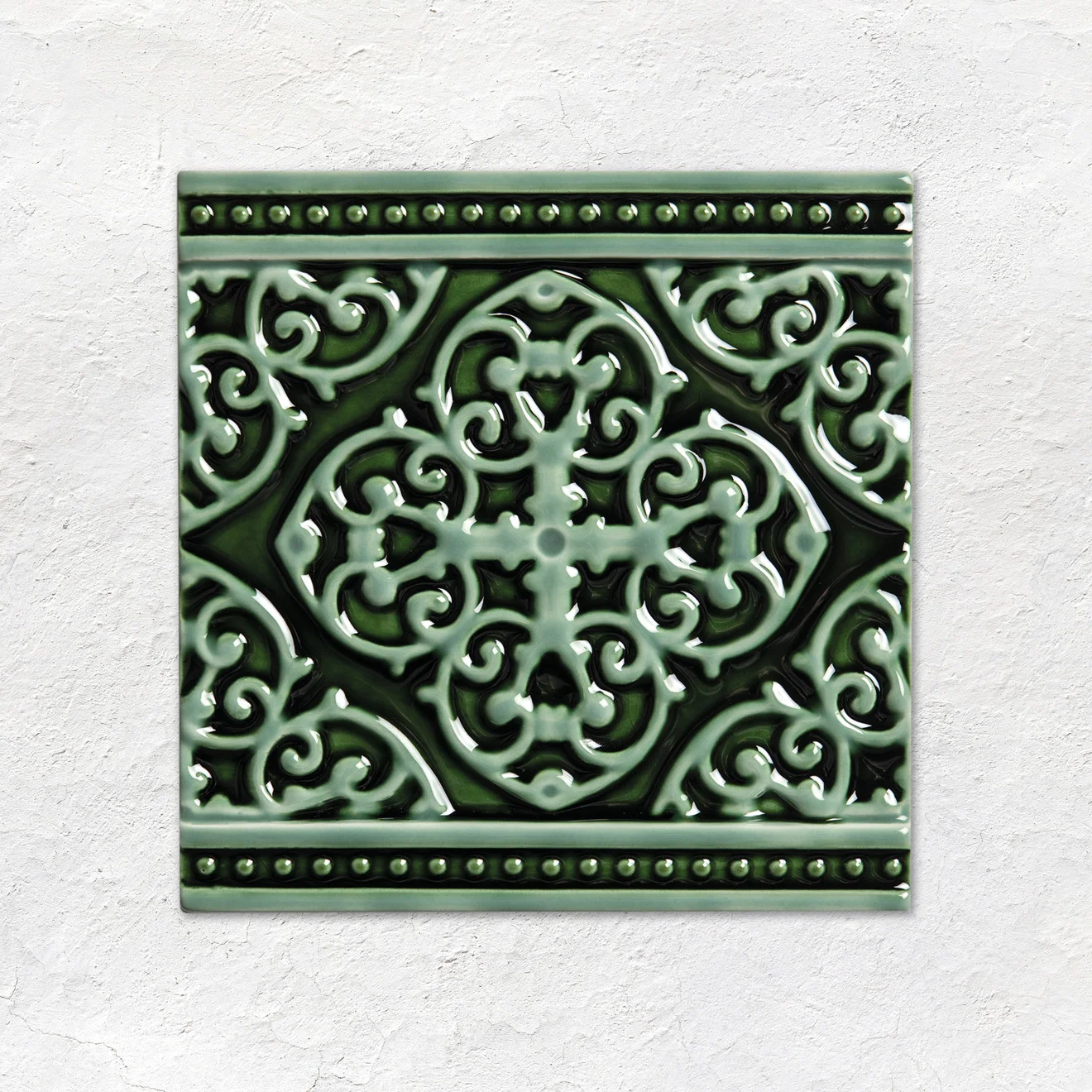 Jade Breeze Half Tile (above) Jade Breeze Hogarth Dado, Grosvenor Jade Breeze on Victorian Green and Jade Breeze Sigma  Dado (middle) Victorian Green Half Tile (below)