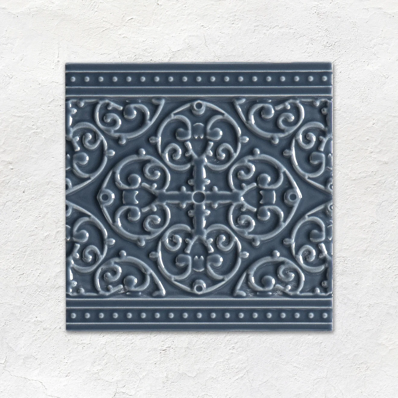 Ascot Blue Victoria Dado, Ascot Blue Astragal Dado and Grosvenor on Ascot Blue (above) Ascot Blue Field Tile (below)