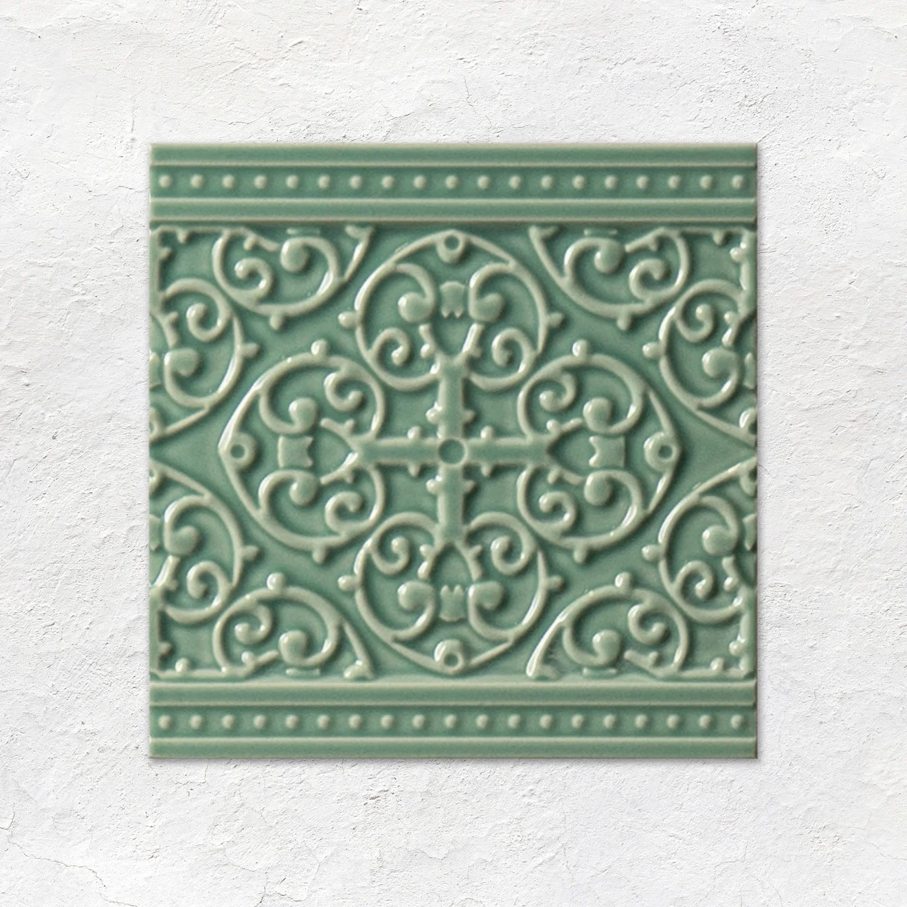 Jade Breeze Victoria Dado, Grosvenor on Jade Breeze and Jade Breeze Sigma  Dado (above) Jade Breeze Half Tile (below)