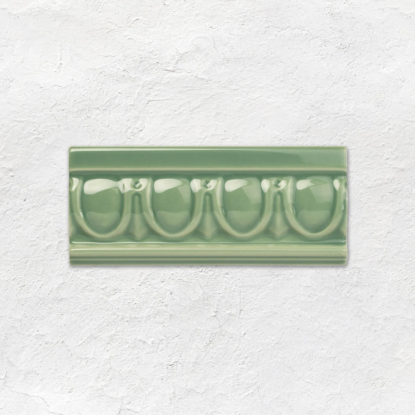 Victorian Green Half Tile (above) Jade Breeze Egg & Dart Dado, Berkeley Jade Breeze on Victorian Green and Jade Breeze Omega Dado (middle) Victorian Green Half Tile (below)
