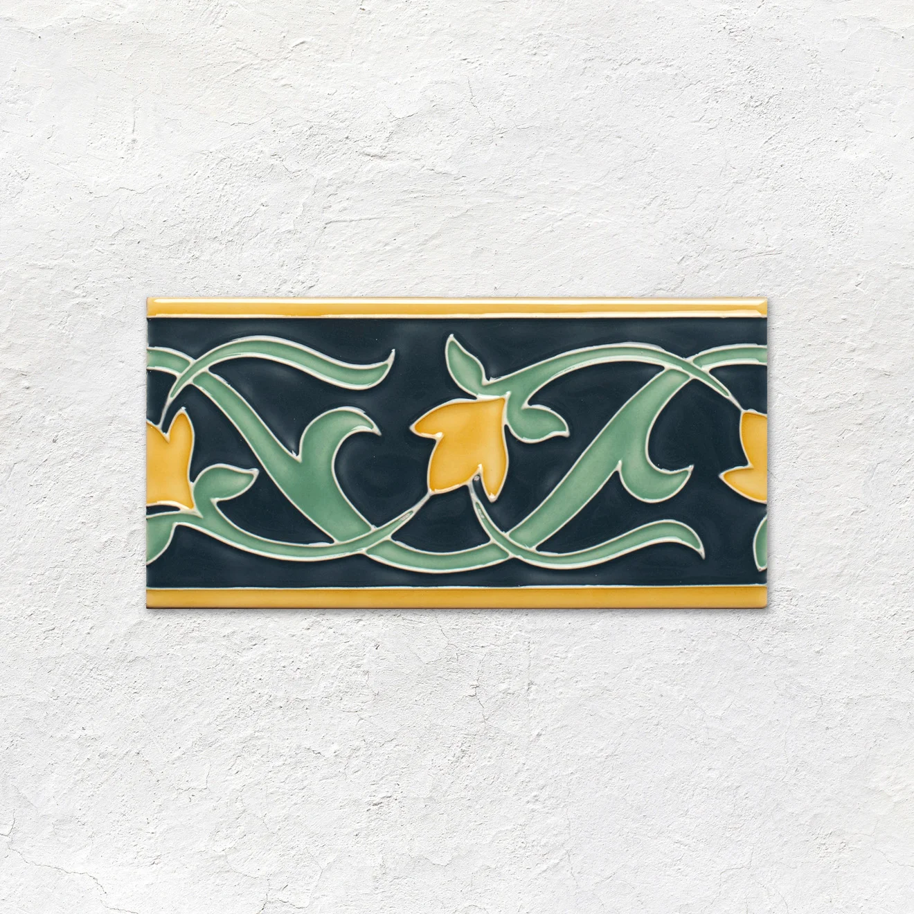 Ascot Blue Albert Dado, Lafleur Border on Ascot Blue, Lafleur on Ascot Blue and Ascot Blue Astragal Dado (above) Ascot Blue Half Tile (below)