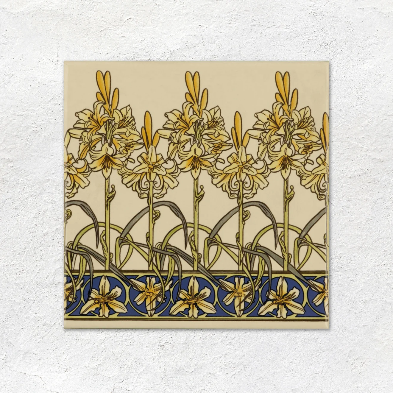 County White Field Tile (above) County White Astragal Dado, Mucha Orchid Quarter Tile, Mucha Orchid and County White Omega Dado (middle) County White Field Tile (below)