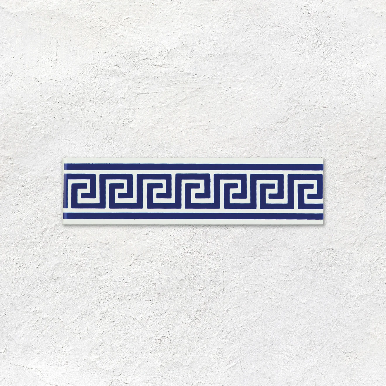 Brilliant White Half Tile (above) Royal Blue Omega Dado and Royal Blue Greek Key On Brilliant White (middle) Brilliant White Half Tile (below)