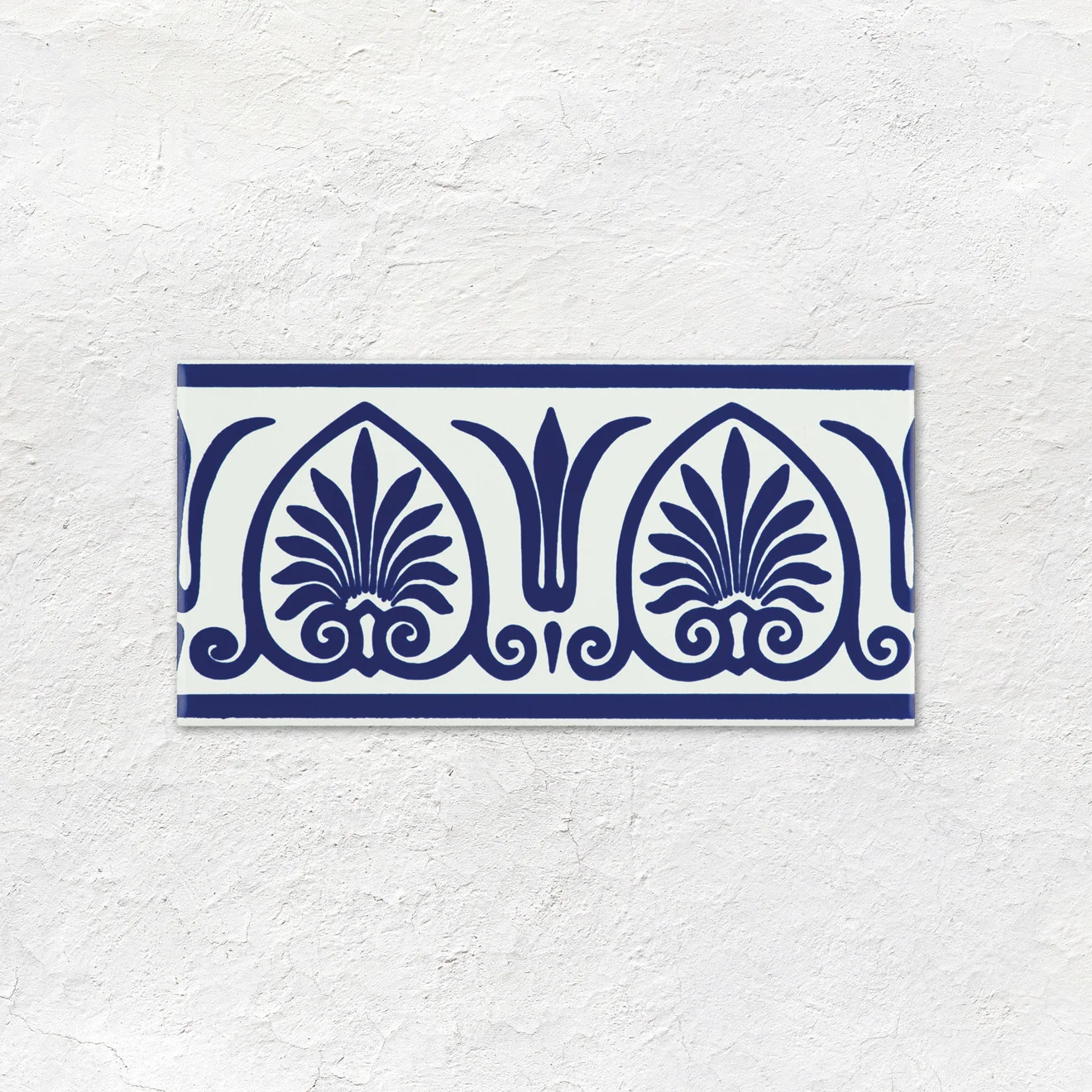 Brilliant White Field Tile (above) Royal Blue Dentil Dado, Brilliant White Omega Dado and Royal Blue Parthenon on Brilliant White (middle) Royal Blue Field Tile (below) 