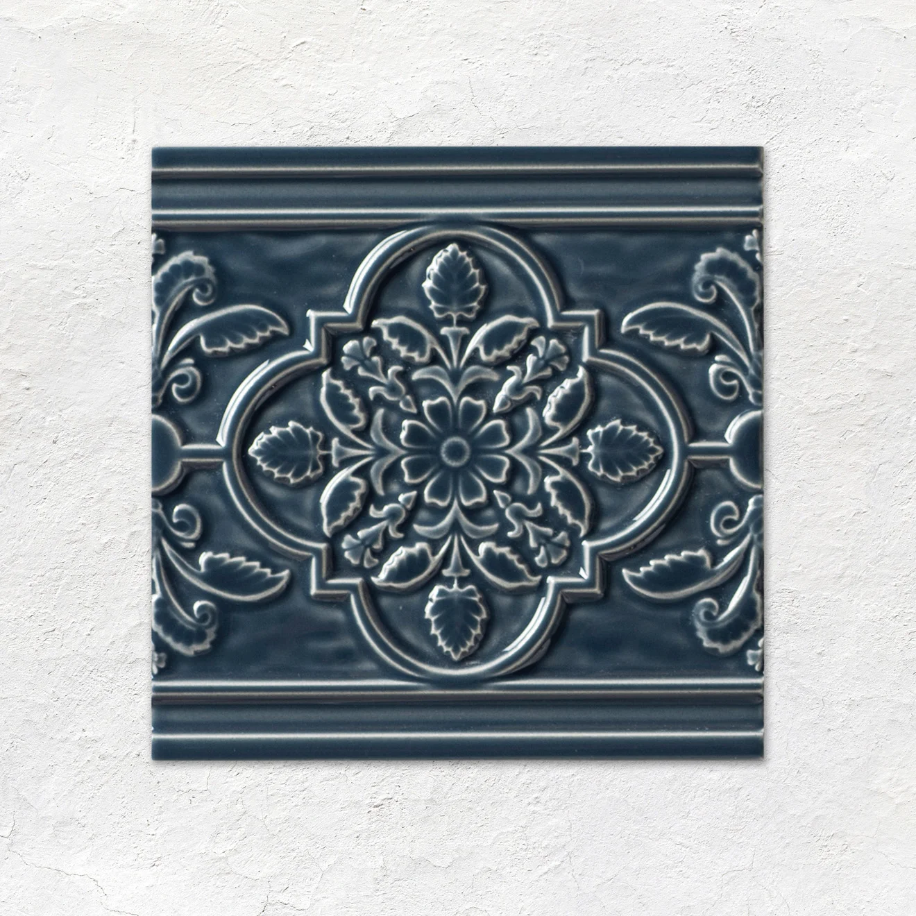 Ascot Blue Sigma Dado, Vintage White Omega Dado and St. James on Ascot Blue (above) Vintage White Half Tile (below)
