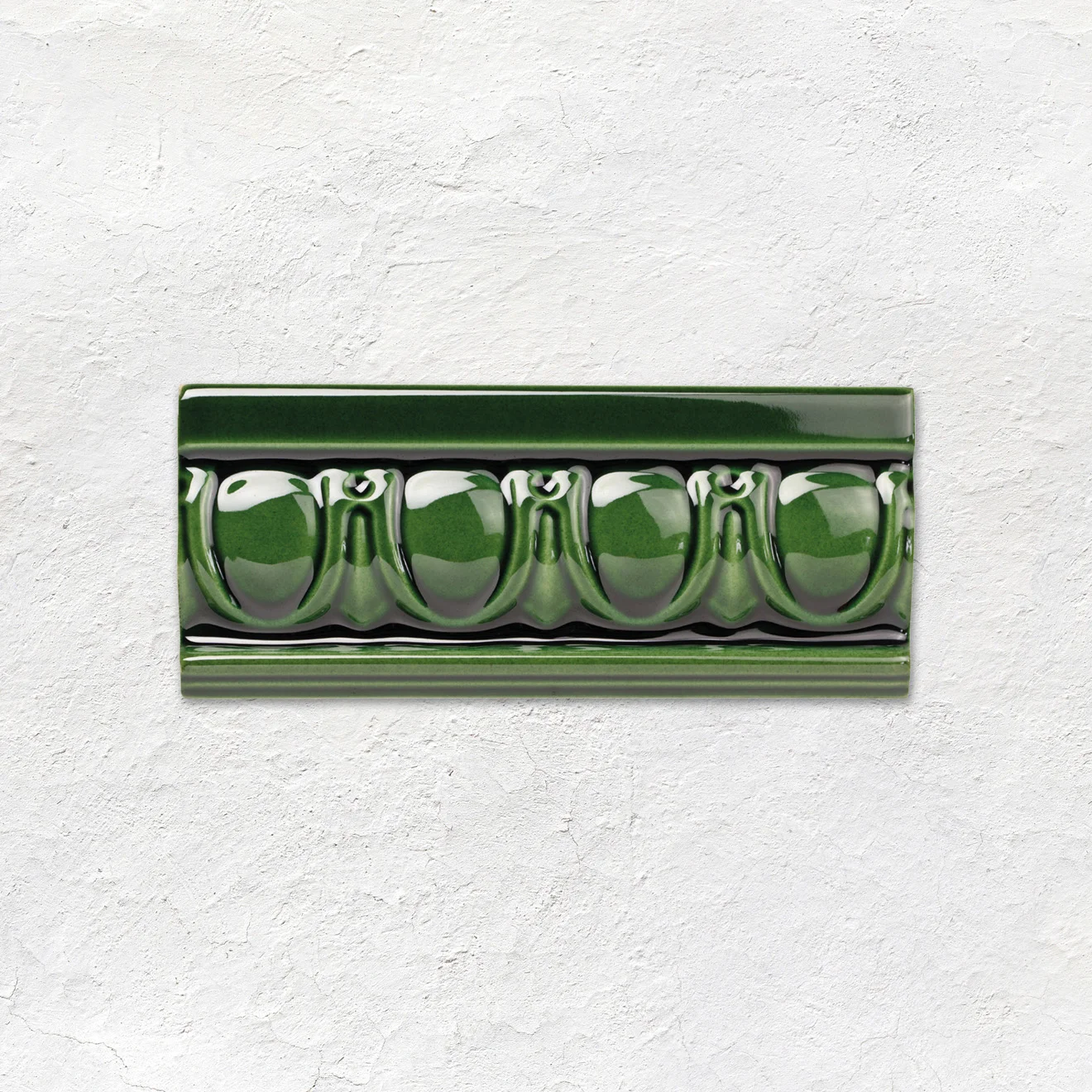 County White Metro Tile (above) Victorian Green Egg & Dart Dado and Victorian Green Astragal Dado (middle) Victorian Green Metro Tile (below)