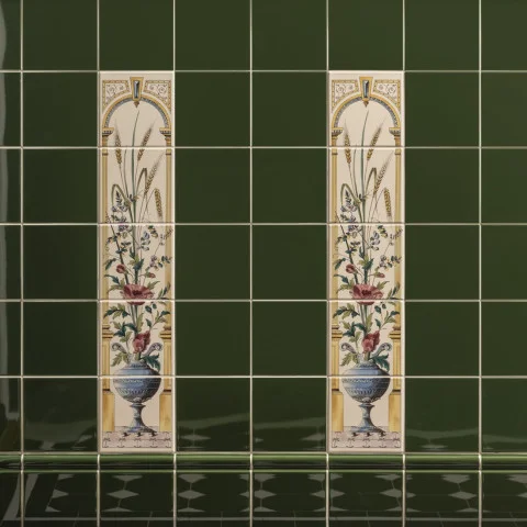 Edwardian Green Field Tile and Poppy and Wheatsheaf (above) Edwardian Green Skirting Tile (below)