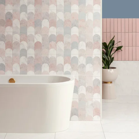 South Beach Delano (left wall) Origins Blush Smooth Brick (right) Galana (floor)