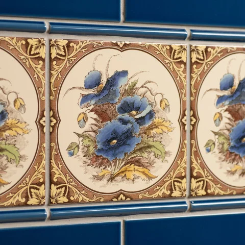 Windsor Blue Field Tile (above) Windsor Blue Omega Dado and Blue Poppies (middle) Windsor Blue Field Tile (below)