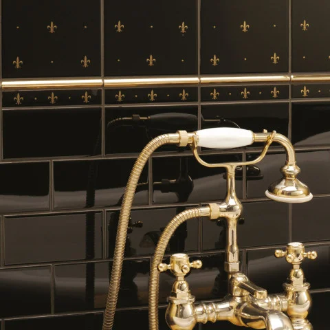 Gold Fleur De Lis On Jet Black and Gold Omega Dado (above) Jet Black Half Tile (below)