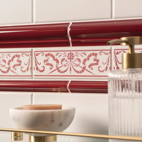 Brilliant White Field Tile (above) Burgundy Albert Dado, Burgundy Love Knot On Brilliant White and Burgundy Astragal Dado (middle) Brilliant White Field Tile (below)