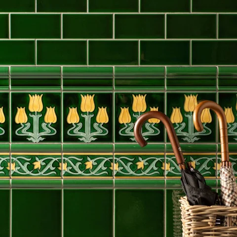 Victorian Green Half Tile (above) Victorian Green Victoria Dado, Lafleur on Victorian Green, Victorian Green Sigma  Dado and Lafleur Border on Victorian Green (middle) Victorian Green Field Tile (below)