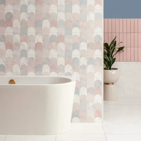South Beach Delano (left wall) Origins Blush Smooth Brick (right) Galana (floor)