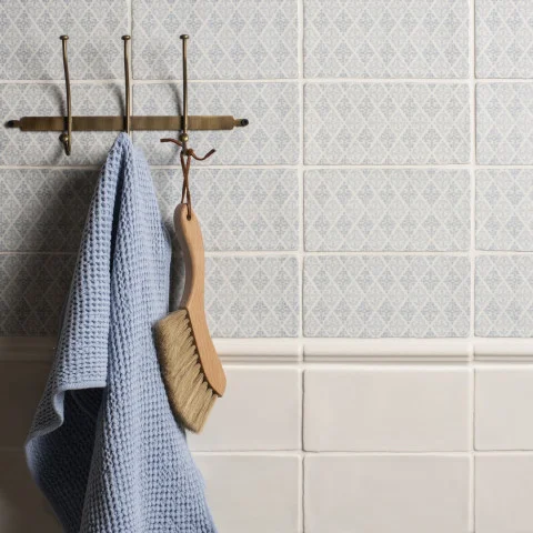 Coraline French Blue (above) Papyrus Ogee (middle) Papyrus Cosmopolitan Half Tile (below)