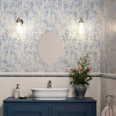 Arbour Wisteria (above) Vintage White Albert Dado and Ascot Blue Omega Dado (middle) Vintage White Half Tile (below)