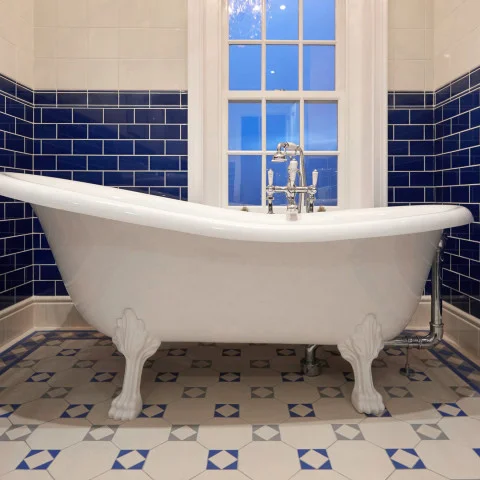 Colonial White Field Tile (above) Royal Blue Omega Dado and Royal Blue Half Tile (middle) Colonial White Skirting Tile (below)