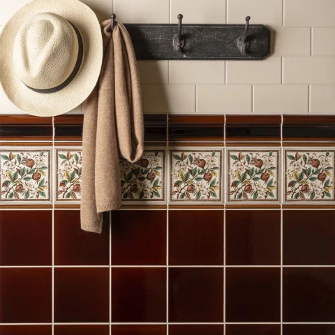 County White Half Tile (above) Teapot Brown Victoria Dado, Teapot Brown Omega Dado and Apple Blossom (middle) Teapot Brown Field Tile (below)