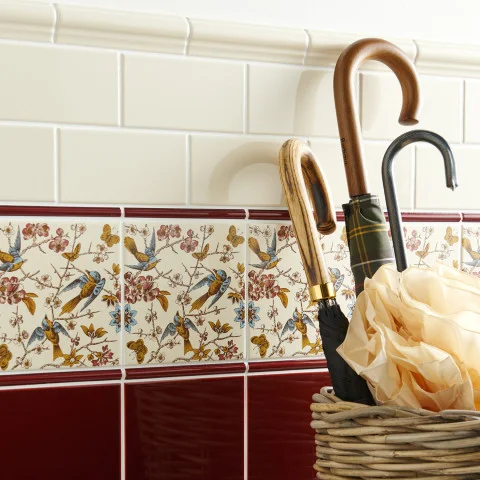 County White Albert Dado and County White Half Tile (above) Burgundy Omega Dado and Bluebird (middle) Burgundy Field Tile (below)