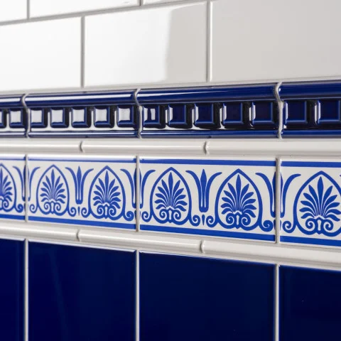 Brilliant White Field Tile (above) Royal Blue Dentil Dado, Brilliant White Omega Dado and Royal Blue Parthenon on Brilliant White (middle) Royal Blue Field Tile (below) 