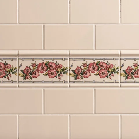 County White Half Tile (above) County White Astragal Dado, Corded Poppies and County White Omega Dado (middle) County White Half Tile (below)