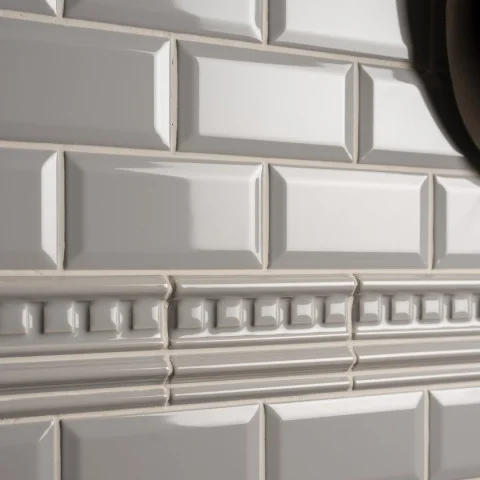 Westminster Grey Metro Tile (above) Westminster Grey Dentil Dado and Westminster Grey Omega Dado (middle) Westminster Grey Metro Tile (below)