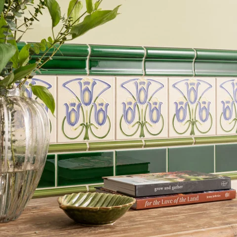 Victorian Green Victoria Dado (above) Liberty Tubelined and Pavilion Green Omega Dado (middle) Victorian Green Half Tile and Pavilion Green Omega Dado (below)