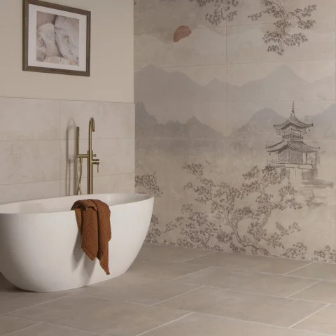 Eastern Mist Stone Coordinating Single Tile (left) Eastern Mist - Panel A (middle) Easten Mist - Panel B (right)