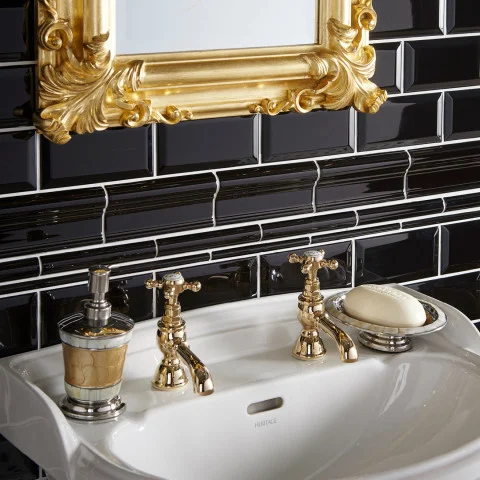 Jet Black Metro Tile (above) Jet Black Victoria Dado, Jet Black Sigma dado and Jet Black Omega Dado (middle) Jet Black Metro Tile (below)
