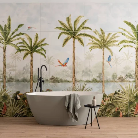 Tropical Oasis - Panel A (left) Tropical Oasis - Panel B (middle) Tropical Oasis - Panel C (right) Alamo Natural Matt (floor)