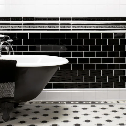 Jet Black Dentil Dado, Brilliant White Sigma and Jet Black Greek Key on Brilliant White (above) Jet Black Half Tile (middle) Brilliant White Skirting Tile (below)